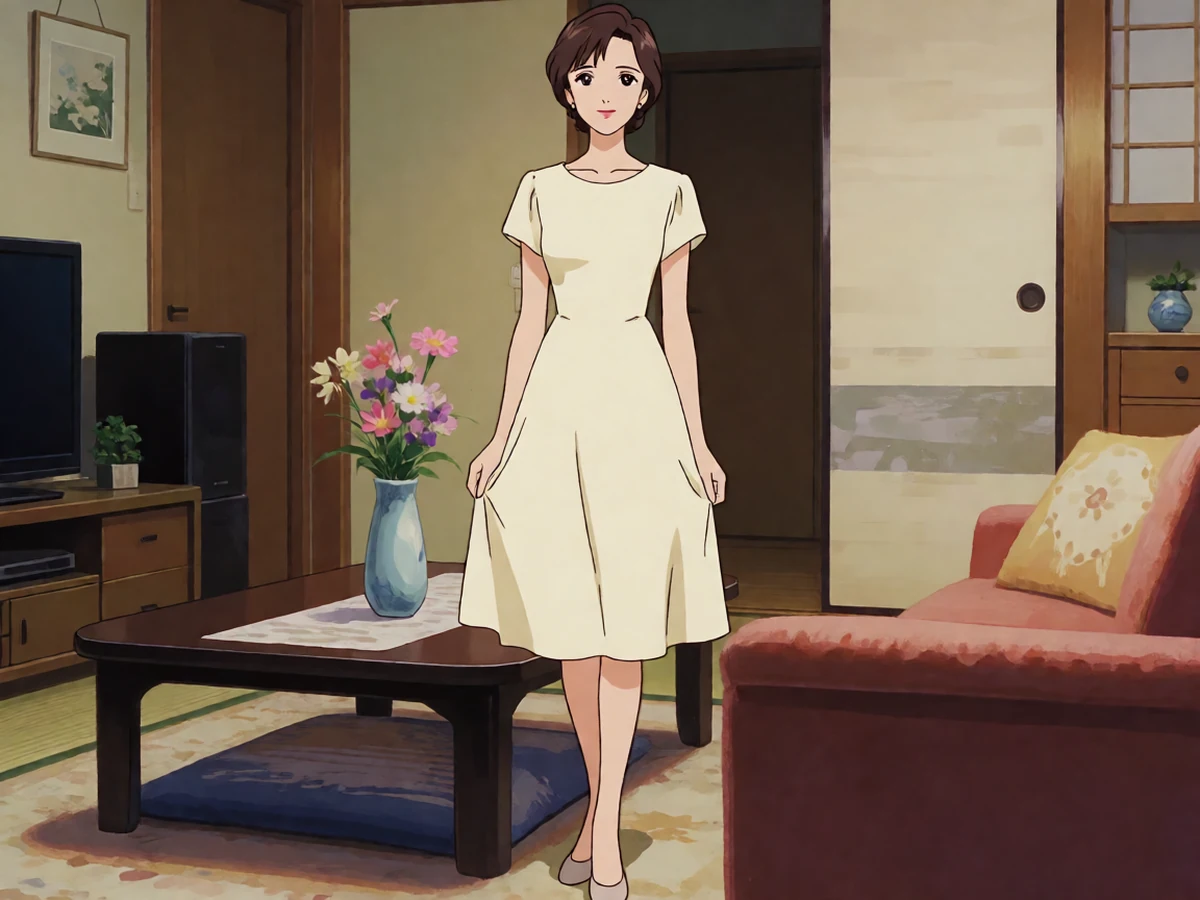 第一次的人妻动漫第1话主题图,成年女性穿浅色连衣裙站在日式客厅