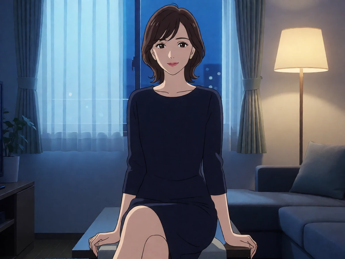 第一次的人妻动漫第2话主题图,成年女性穿蓝色连衣裙独自坐在夜间公寓