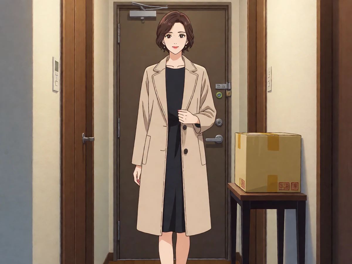 第一次的人妻动漫第3话主题图,成年女性穿米色外套站在公寓门口