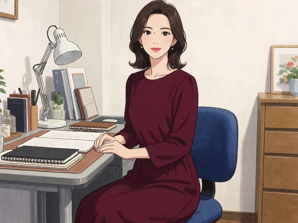 第一次的人妻动漫第5话主题图,成年母亲角色穿酒红长裙坐在家中书桌旁