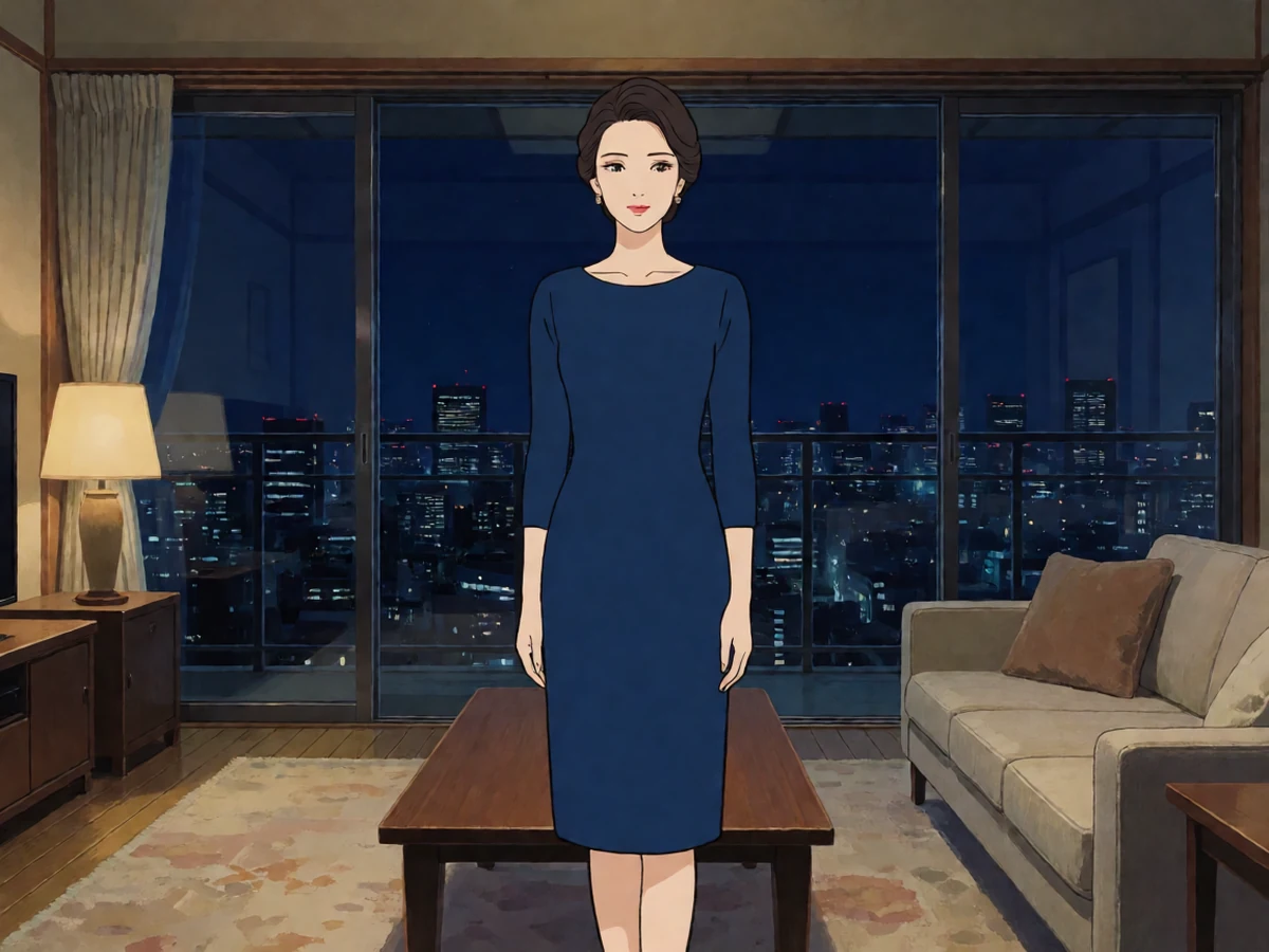 第一次的人妻动漫第6话主题图,成年女性穿深蓝连衣裙站在夜间窗前