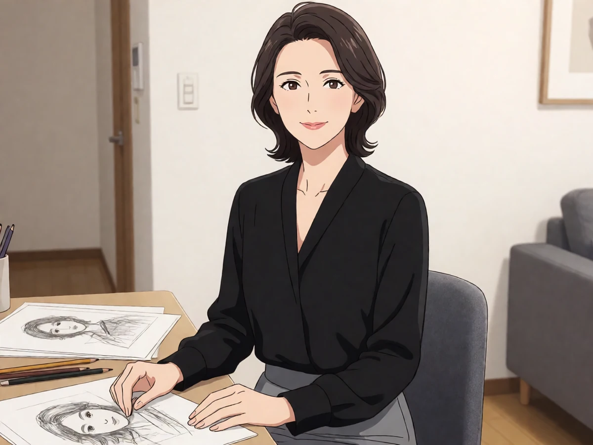 第一次的人妻动漫原作主题图,成年女性穿黑色上衣在书桌旁翻看画稿